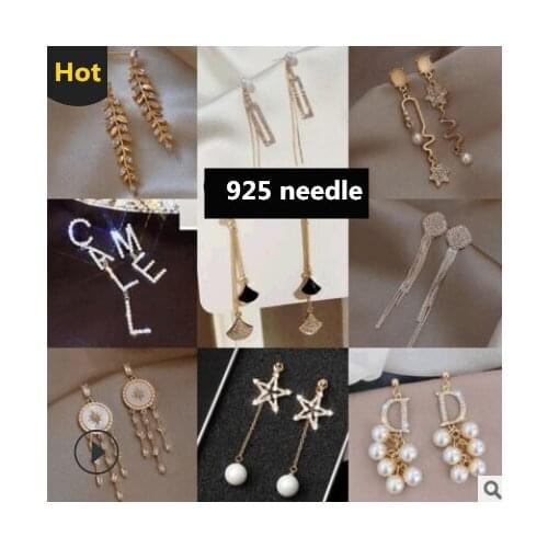 S925 silver needle Korea alloy diamond-encrusted long tassel earrings hanging dual-purpose earrings after apricot leaves drop oi