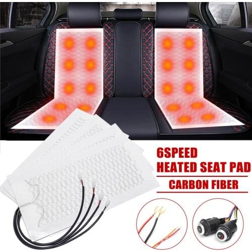 12V Universal 6 Level Round Switch 4Pcs Carbon Fiber 2 Car Seats Heated Heating Heater Seat Pads Winter Warmer Seat Covers Kit