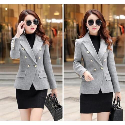 Spring Autumn Women High Qulity fashion Black Double breasted Woolen Blazer Women Slim Long Sleeve Female Suit Coat Outerwear T