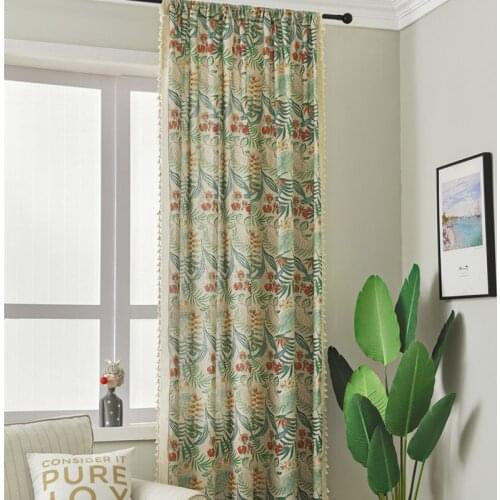 Cilected Green Plant Printing Tassel Curtain Nordic Ins Retro Cotton And Linen Semi-Shading Bay Window Wearing Rod Curtain Decor
