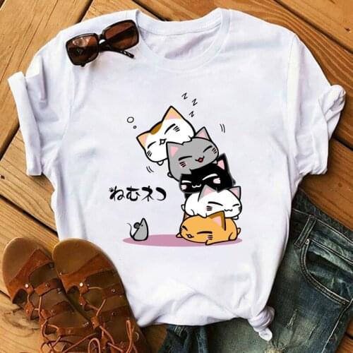 Maycaur Summer Funny Cat Women T Shirt Casual Short Sleeve Korean Kawaii Ulzzang Tees Female White Print O-neck Tops