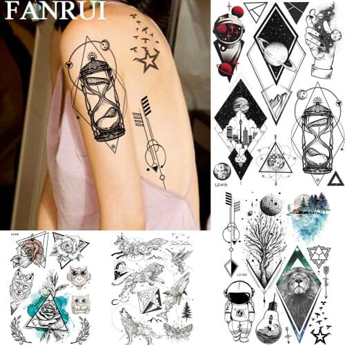 FANRUI Astronaut Diamond Geometric Temporary Tattoos For Women Sticker Custom Tattoo Triangle Planet Fake Tatoos Body Art Wrist