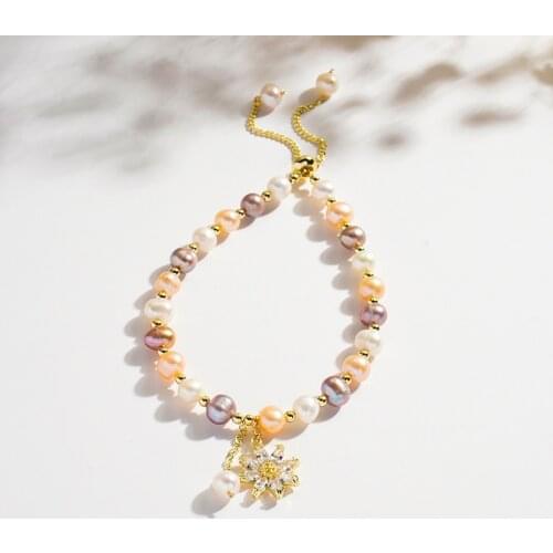 Luxury Flash Cubic Zircon Snowflake Multicolor Natural Freshwater Pearls Beads Strand Bracelets for Women Fashion Jewelry YBR301