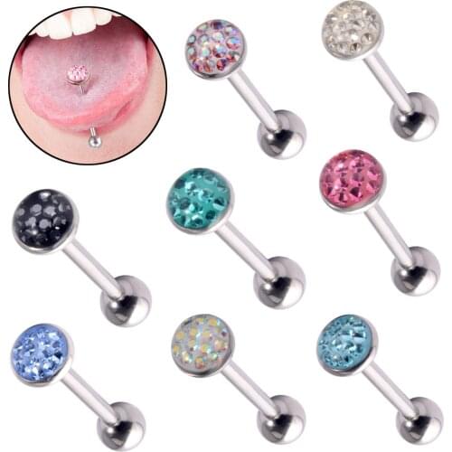 1PC Anti-Allergy Surgical Steel Tongue Rings Internal Threaded Handmade Flat Epoxy Coated Crystal Piercing Tongue Barbells 14g