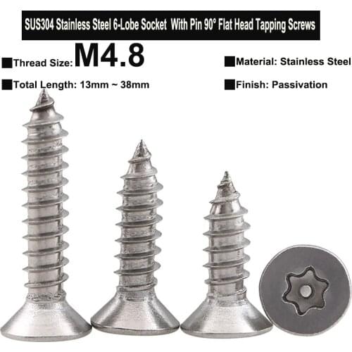 10Pcs M4.8x13mm~38mm SUS304 Stainless Steel Six-Lobe With Pin Socket 90° Flat Head Anti-theft Safety Tapping Screws