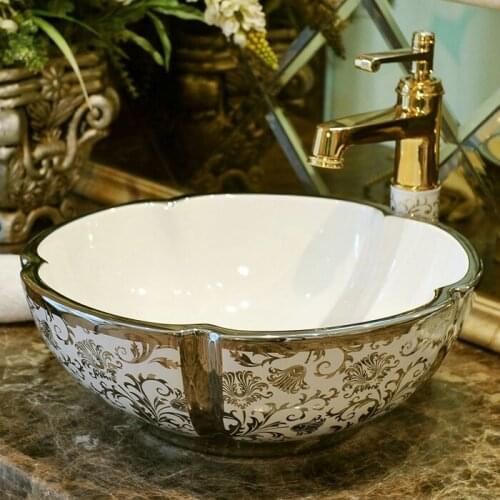 Flower Bathroom Lavabo Ceramic Counter Top Wash Basin Cloakroom silver pattern Porcelain Vessel Sink bathroom wash basin