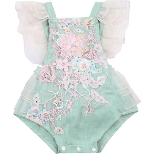 New Baby Girls Casual Romper Light Blue Sleeveless Square Collar Floral Embroidery Pattern One-piece