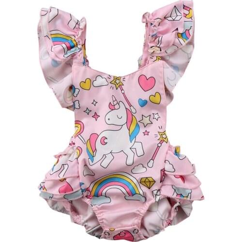 Citgeett Newborn Baby Girl Backless Flying Sleeves Floral Unicorn Cross Bodysuit Outfit Sunsuit Set Cute Unicorn Summer Clothing