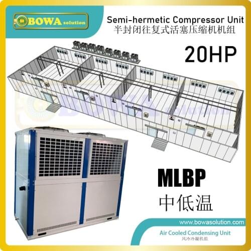 20HP MLBP air cooled condensing unit is designed for low temperature refrigeration with R404A/R507A over a wide range
