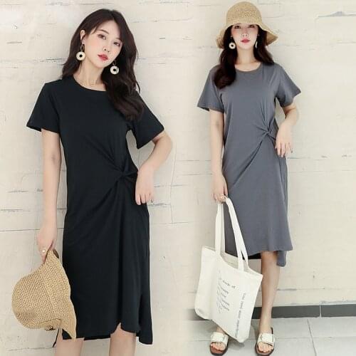 Summer DRESS WOMEN new cotton and linen dress Korean round neck short sleeve split HIGH waist simple fashion DRESSES