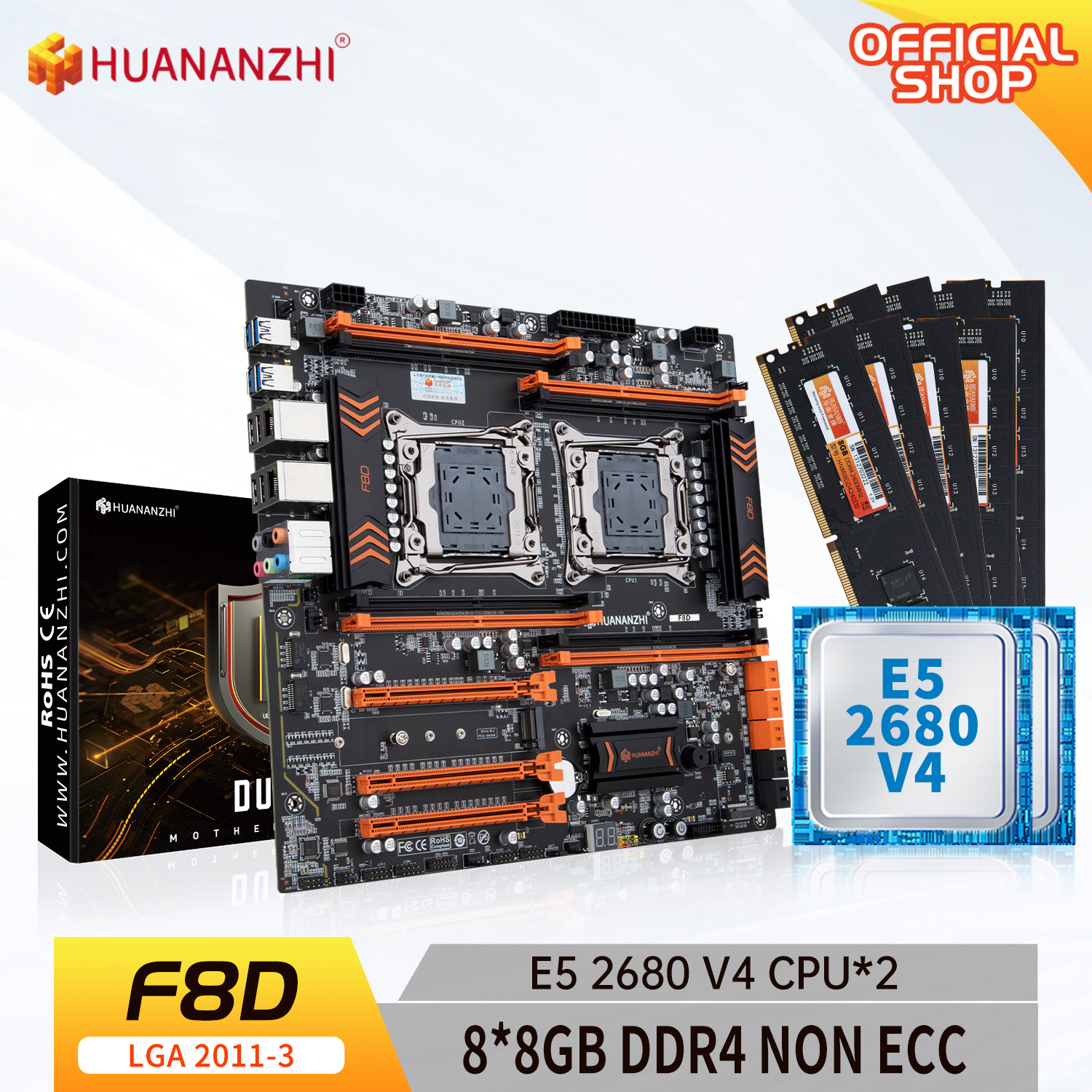 HUANANZHI X99 F8D X99 Motherboard Intel Dual with Intel XEON E5 2680 V4*2 with 8*8GB DDR4 NON-ECC memory combo kit NVME USB