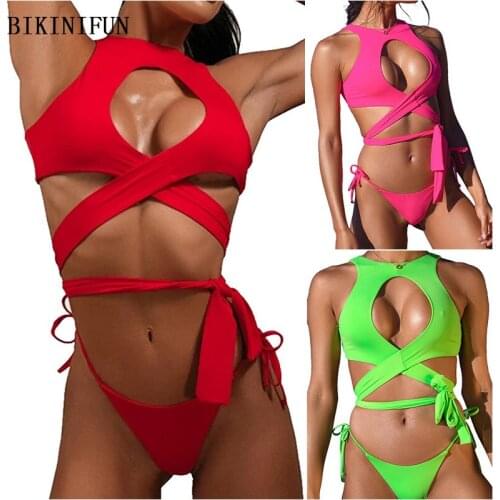 2020 New Sexy High Neck Beachwear Solid Color Swimwear Cross Chest Swimsuit S-XL Girl Backless Bathing Suit Strappy Bikini Set