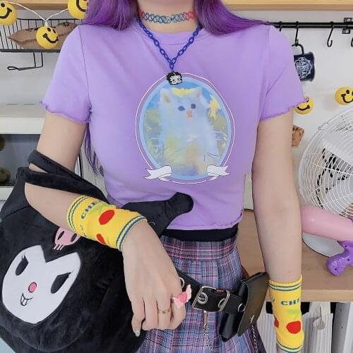 Japanese original night style retro cat girl sweet purple slim student round neck T-shirt tees t-shirts