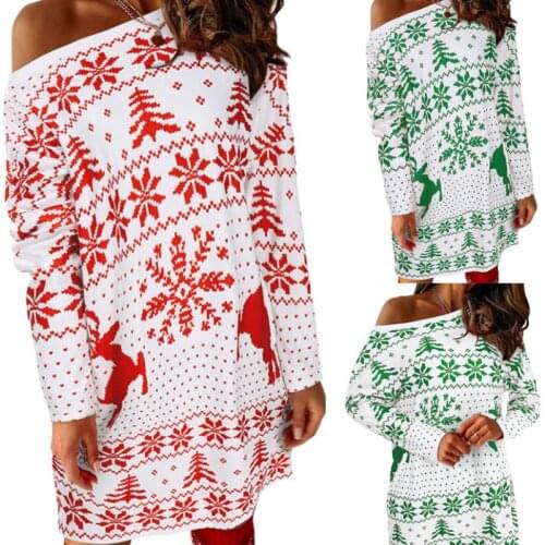 Christmas Ladies Sexy Long Sleeve Dress, Girls Temperament Elk Snowflake Printing Round Collar Knitted Short Dresses