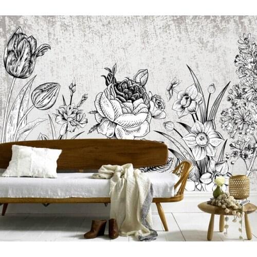 Modern minimalist pastoral style drawing flowers papel de parede murals,hotel coffee shop living room tv wall bedroom wallpaper