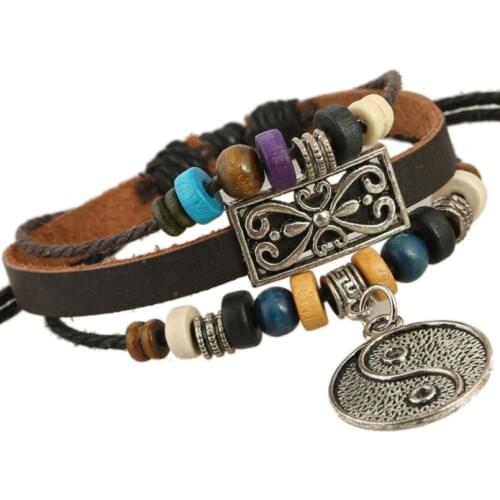 Vintage Retro Tai Chi Bracelet Alloy Beads Hiphop Charm Leather Bangle Adjustable Wristband Unisex Fashion Punk Yin Yang Jewelry