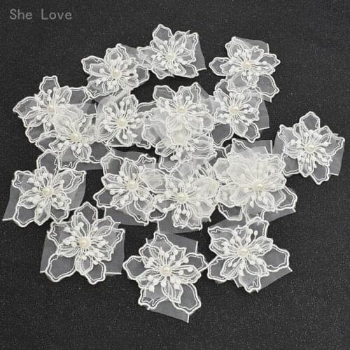 Chzimade 20pcs 3D Bead Flower Lace Trim Applique Embroidered Floral Collar Sew Patch Wedding Dress Craft