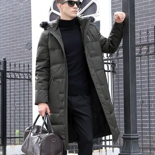 High Quality Winter Mens Down Long Jacket Fox Fur Collar Thick Warm Padded Parkas Casual Slim Fit Hoody Overcoat Long Coats 3XL
