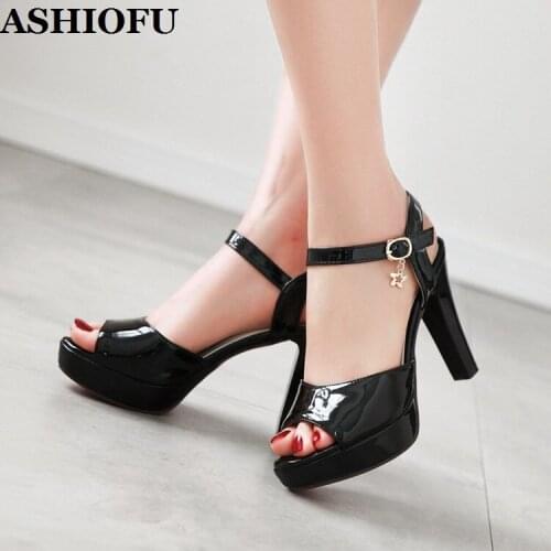 ASHIOFU Handmade New Ladies 10cm High Heel Sandals Patent Leather Platform Peep-toe Summer Shoes Party Prom Fashion Sandal Shoes