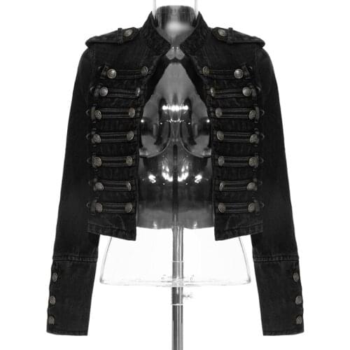 Women Vintage Denim Jacket Epaulet Triple Breasted Short Jeans Coat