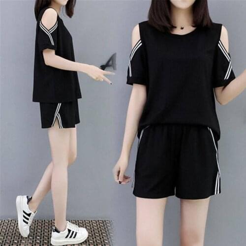 Women 2 piece summer sets Womens summer suit large size womens casual loose hollow short-sleeved suit was thin straps