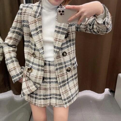 2021 autumn new ladies office plaid suit jacket casual double-breasted retro jacket women