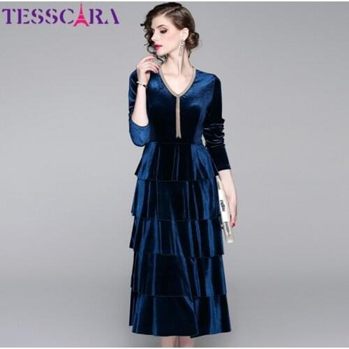 TESSCARA Women Autumn & Winter Cascading Ruffle Velvet Dress Female Designer Elegant Party Robe High Quality Cocktail Vestidos