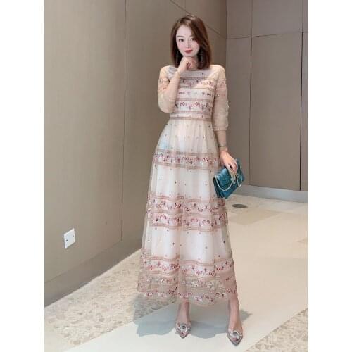 2021 High quality new fashion spring and summer embroidery Wrist Sleeve A-Line Ankle-Length Elegant ladies long dress