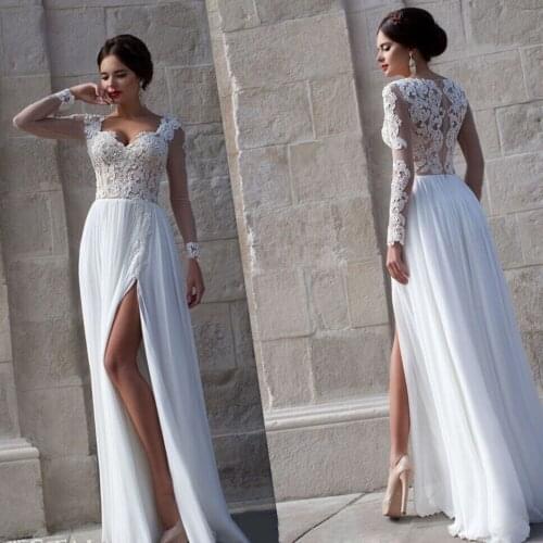 2015 Long Sleeve Wedding Dresses Chiffion Bridal & Events Gowns Vestidos De Noiva Sexy High Slit Sheer Lace Wedding Gown