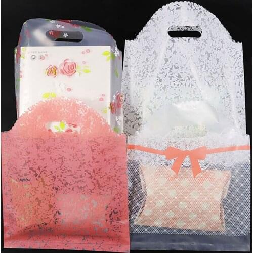 50pcs Lace Bowknot Plastic Shopping Bag With Handle Storage Bag For Clothes Party Wedding Favor Bag Candy Cake Wrapping Bags