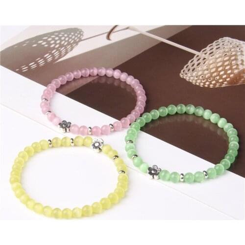 6MM Yellow Pink White Cat Eye Bracelet Flower Metal Charm Bracelet Multicolor Opal Glass Bangle Reiki Handmade Exquisite Jewelry