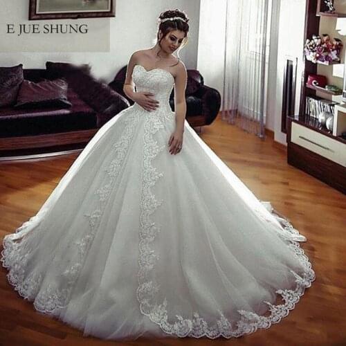 E JUE SHUNG White Vintage Lace Appliques Ball Gown Wedding Dresses Lace Up Back Sweetheart Wedding Gowns Bride Dresses