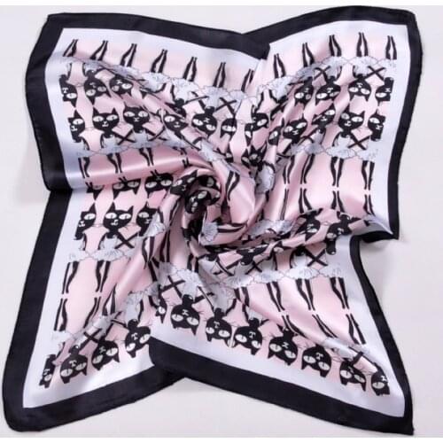 [BYSIFA] Pure Silk Children Scarf Women Spring And Autumn Silk Scarf For Child 52*52cm Black Cartoon Cat Satin Scarves Wraps