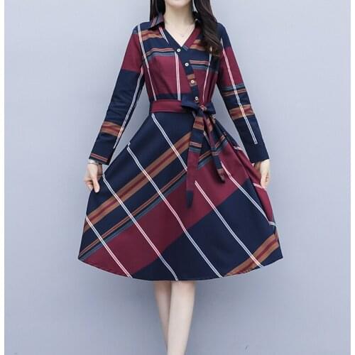 Fashion Women Striped Plaid Shirt Dress Ladies Casual Slim Long Sleeve Chiffon Bandage Tunic Dress Elegant Knee-Length Dress