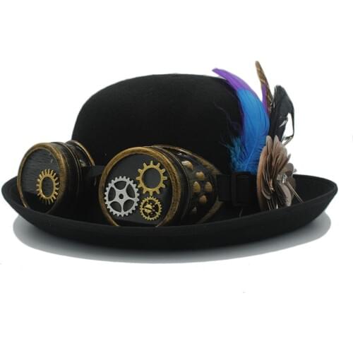 Fashion Women Men Handwork Fedora Hat Steampunk Punk Bowler Hat For Lady Gear Glasses Cosplay Party Cap