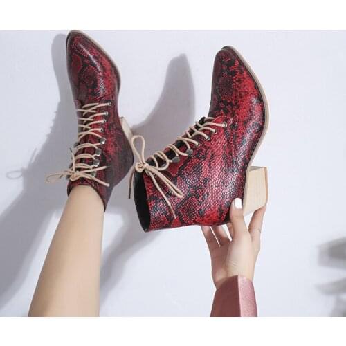 New Multicolor Explosive Large Size Snake Print Martin Boots Womens Thick Heel Pointed Toe Lace-up Retro Ankle Boots Women