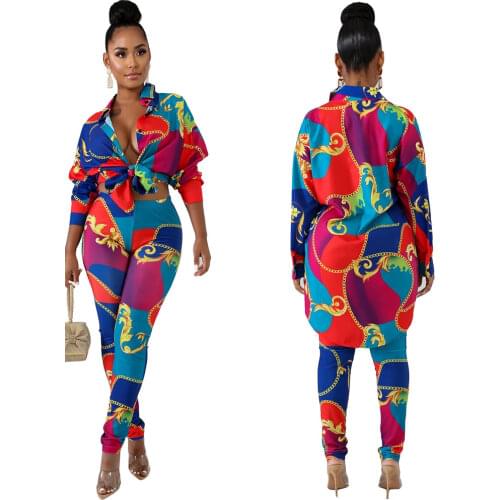 New Winter Womens set tracksuit Full sleeve National Print Shirt Pencil top and Pants suit streetwear two piece set Sporty