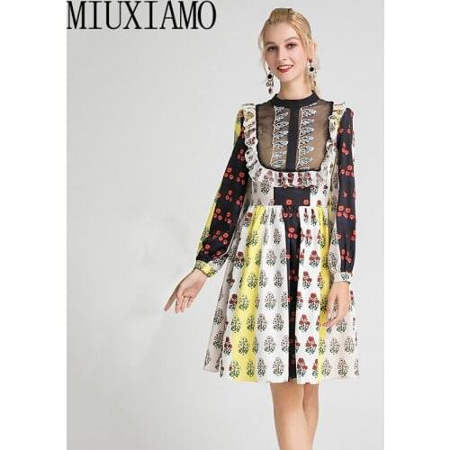 MIUXIMAO Top Quality Fall Dress O-neck Newest Fashion Flower Print Mid-Calf Ruffles Slim Eleghant Casual Dress Women vestidos