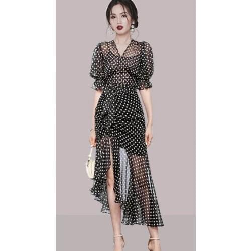 ZAWFL 2021 Fashion Summer Vintage V-Neck Polka Dot Printed Chiffon Drawstring Midi Dress Women Elegant Slim Ruffle Vestidos
