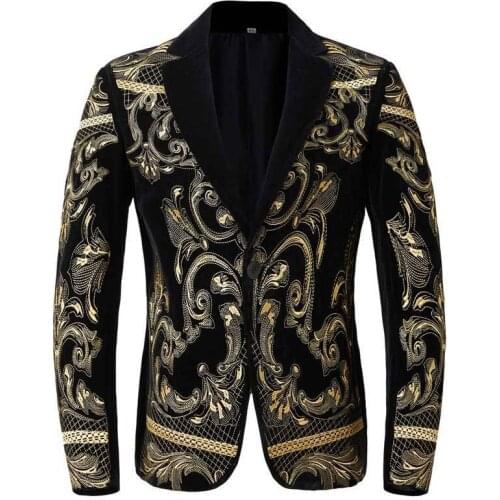 Luxury Gold Floral Embroidery Black Blazer Jacket Men Peak Lapel One Button Baroque Velvet Suit Jacket Trendy Wedding Party Prom