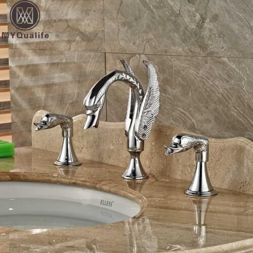 Dual Handle Swan Bathroom Basin Faucet Deck Mounted 3 Hole Widespread 8 inch Washing Basin Mixer Crane Taps Chrome