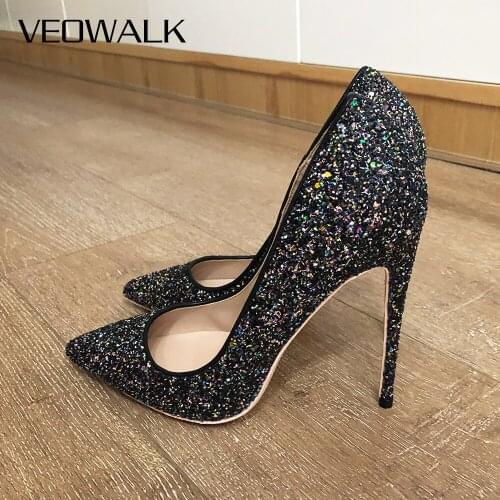 Veowalk Black Glitter Sequined Women Pointed Toe Stiletto Pumps Sexy Ladies Club Party High Heel Dress Shoes Plus Size 33-45