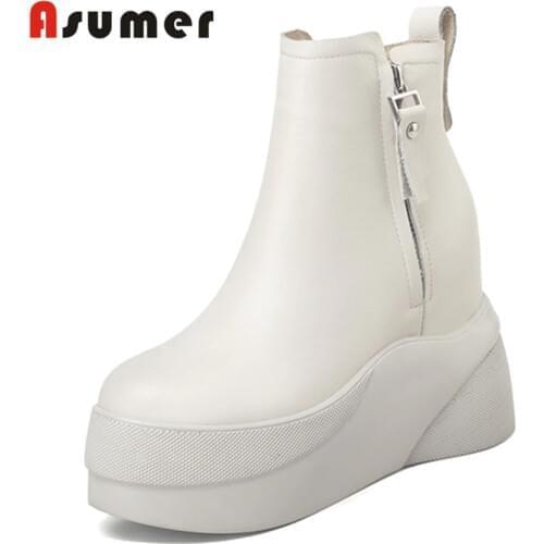 Asumer 2020 new fashion wedges platform shoes women boots genuine leather round toe zip comfortable winter ankle boots woman
