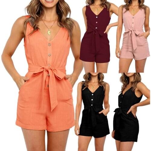 Women Playsuits Sexy V Neck Sleeveless Button Sashes Cotton Playsuits Casual Slim Pocket Pink Black Short Jumpsuit Femme Rompers