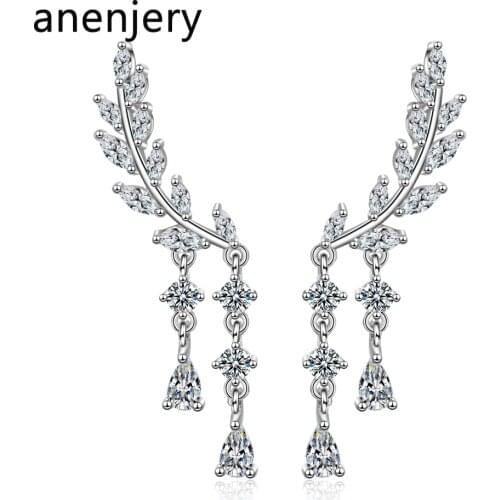 ANENJERY 925 Sterling Silver Charming Zircon Wing Water Drop Long Tassel Earrings For Women Gift boucle d'oreille S-E818