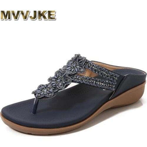 MVVJKEWomens Slippers Summer Shoes Vintage Flower rhinestones Ladies Flip Flops Female Sandals Casual Beach Shoes Large size