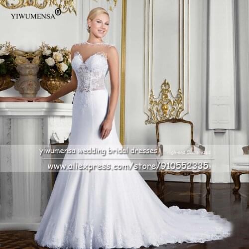 YIWUMENSA Trouwjurk O Neck Mermaid Wedding Dresses Women Bride Nude Illusion Sleeveless Formal Beaded Bridal Gowns Robe Marriage
