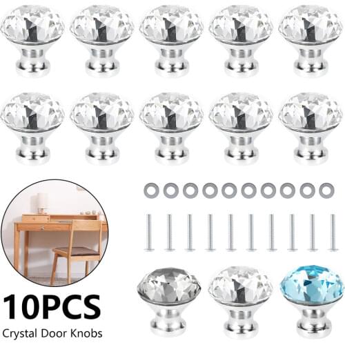 10pcs Diamond Crystal Glass Door Knobs Drawer Wardrobe Cabinet Dresser Pull Handle Furniture Decorative Pulls Knobs with Screws