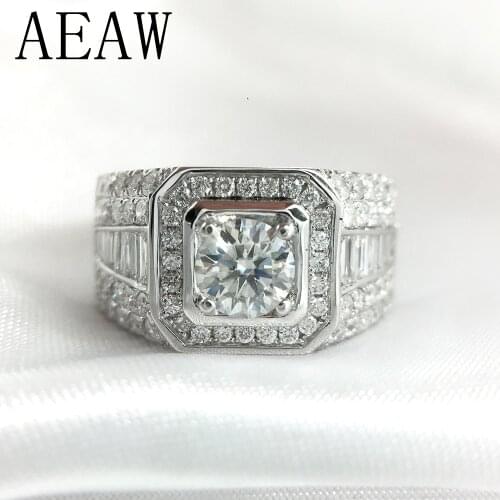 AEAW Luxurious Pave Moissanite Ring 14k White Gold 2CTW Round Cut Brillant Lab Diamond Band For Mens Wedding Mens Jewelry