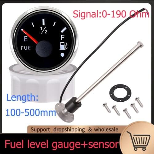 52MM Gauge Fuel Level Gauge 0-190 Ohm Oil Tank Level Indicator Meter with Water Fuel Level Sensor 100MM 200MM 250MM 400MM